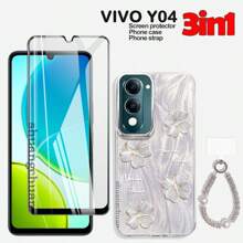 Set 3 en 1: Protector de pantalla de vidrio templado anti-espía de pantalla completa para Infinix Smart 8; Funda de teléfono con pintura líquida con purpurina para Infinix Smart 9; Correa de muñeca con cristales para Infinix, Mi 14T, Itel A70, Infinix Smart 7, Y04, Y29S - 3en1 - Ver 22