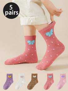 5 Pairs Girls' Cute Bow Polka Dot Mid-Calf Socks, Suitable For School Outfits