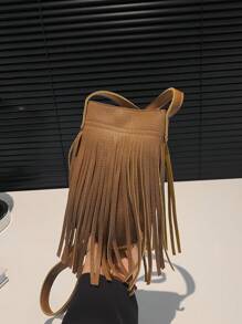 Mini Casual Fashionable Minimalist Large Capacity Tassel Bucket Shoulder Bag - Brown - View 7
