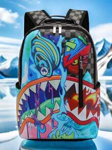 New Fashionable Men's Shark Mouth Design Backpack, Large Capacity Travel Backpack With Laptop Compartment, Autumn/Winter Holiday Travel Essential, Student Laptop Bag, Camping Hiking Backpack, Holiday & Valentine's Day Gift - Black and White - View 2