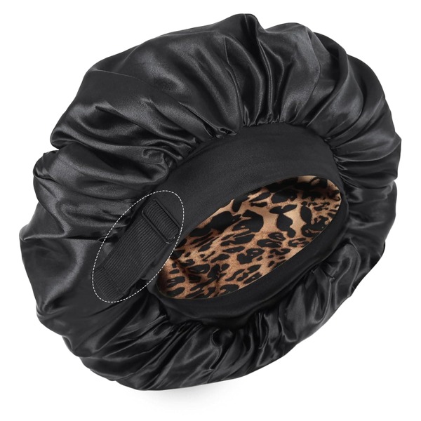 AliLeader Touca de seda para dormir, touca de cetim com camada dupla, touca ajustável para dormir, touca reversível para cabelos cacheados (preto e leopardo)