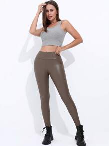 Pantaloni a vita alta attillati in pelle sintetica, pantaloni da donna casual da festival musicale punk, leggings a vita larga neri
