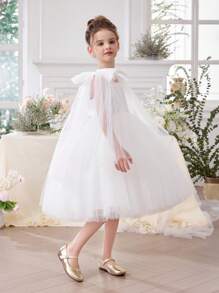 Young Girl Bowknot Lace Trim White Dress Elegant Princess Tulle Dress, Suitable As Birthday Gift, Flowergirl, Wedding, Banquet, Party, Celebration Outfit For Girls - White - View 1