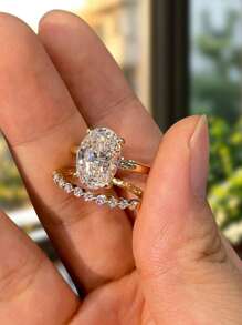 2pcs Set S925&925 Sterling Silver 2ct Oval Shape Set Elegant For Women Dating Party Ring Anniversary Occasion Exquisite Women's Jewelry Gift - Ring Set - View 4