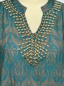 女式 V 领长袖长裙 - 优雅休闲锁孔领口，花卉印花和串珠细节，适合春夏季