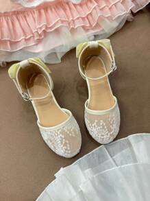 Romantic Children's High Heel Shoes, Embroidered Breathable Mesh Fabric, Cute Butterfly Decor, Suitable For Party, Romantic Vacation, Evening Dress - Beige - View 4