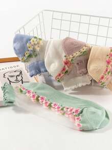 5 双白色女式花卉图案透明袜子，透气轻薄吸湿排汗，适合夏季 - 彩色 - 查看 4