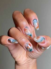 24片长杏仁形亚克力按压式美甲片，中号，完美贴合，包含1片果冻胶和1个指甲锉，适合夏季佩戴，适合女性和女孩日常佩戴、锐舞派对等场合。 - 彩色 - 查看 2