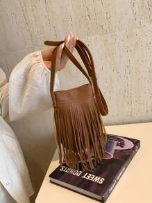 Mini Casual Fashionable Minimalist Large Capacity Tassel Bucket Shoulder Bag - Brown - View 4