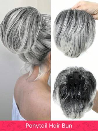 綁髮裝 附夾帶 短髮鬆綁貓眼辮 銀灰白色亮色 仿真髮束 鬆綁貓眼辮 附夾子和拉繩,適用於女性的髮套