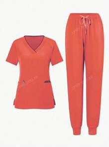 Ensemble uniforme pour femmes, Top à manches courtes col en V de couleur unie et pantalon, ensemble de blouse minimaliste et pour l'été