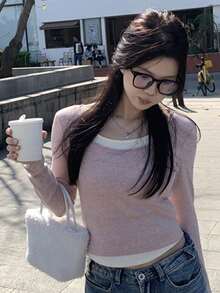 时尚二合一长袖针织毛衣上衣和优雅分层汗衫 - 粉色 - 查看 6