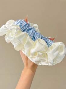 1pc Blue Striped Ruffle Cream Satin Scrunchie, Large Size High Elasticity Wrinkled Double Layer Hair Ties, Elegant Stylish Sweet Hair Accessories For Women