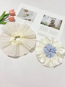 1pc Blue Striped Ruffle Cream Satin Scrunchie, Large Size High Elasticity Wrinkled Double Layer Hair Ties, Elegant Stylish Sweet Hair Accessories For Women