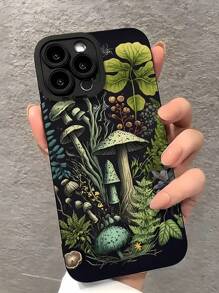 1pc Black Mushroom World Pattern Full Cover Phone Case, Compatible With Apple IPhone 16, 15, 14, 13, 12, 11 Pro Max, Also Fit For Series
