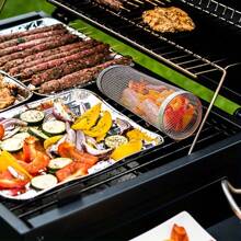 1pc Stainless Steel Round Barbecue Grill Mesh Basket With Rolling Design For Outdoor Bbq Smoking And Portable Use