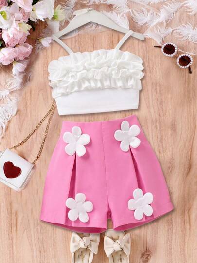 2 件套年轻女孩时尚可爱露肩背心 + 粉色花卉短裤套装，适合派对、休闲、度假、居家、郊游、夏季