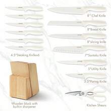 CAROTE 11 Pieces Knife Set With Block For Kitchen, Stainless Steel Razor-Sharp Blade, Triple Riveted Ergonomic Handle, Wooden Magnetic Block, Essential Knife Block Set, Beigeprompt Goods - White - View 2