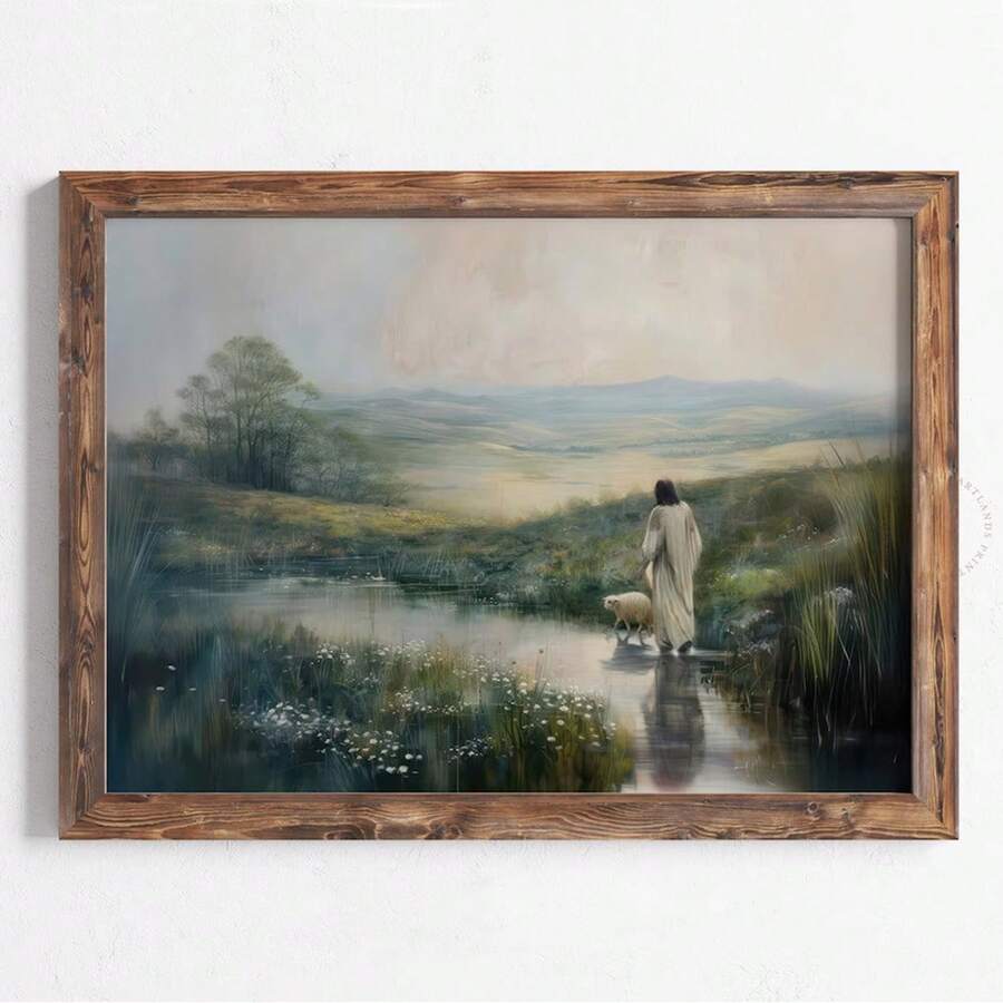1 件无框耶稣与羔羊风景海报墙艺术帆布印刷简约基督教艺术美学装饰复古绘画适用于宿舍、公寓、客厅、卧室、现代家居装饰 - 彩色 - 查看 1