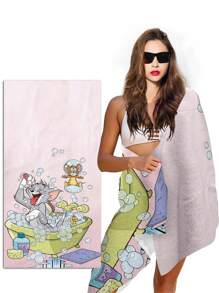 TOM AND JERRY. 1pc Cartoon Tom & Jerry Pattern Beach Towel, Soft & Comfortable For Home, Bathroom, Swimming, Children & Adults