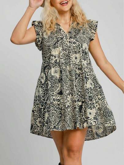 Womens Casual Boho Chic Paisley Floral Print Ruffle Flutter Sleeve Mini Dress Black White Mandala Pattern High Neck Summer Spring Party Beach Vacation A Line Flowy Short Dress