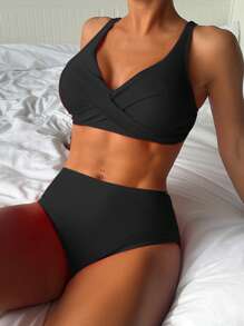 Women Sexy Criss-Cross V-Neck Swimwear, Fashionable High Waist Solid Color Black Bikini 2 Pieces Set, For Summer Beach Vacation