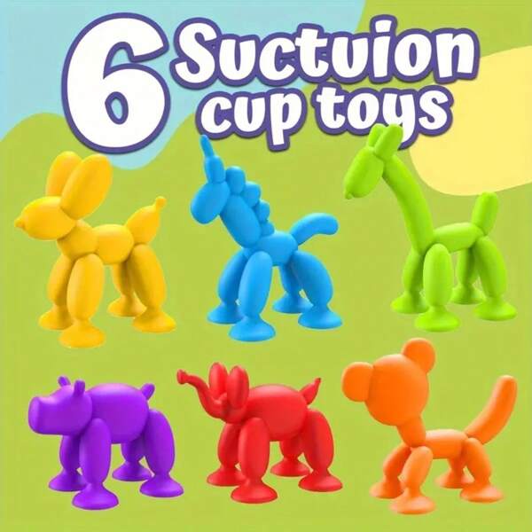 6 piezas Juguetes de animales con ventosa de silicona, juguetes de perros globo con ventosa, juegos sensoriales y amigables para viajar - ideales para regalos de cumpleaños, Pascua, Acción de Gracias - en varios colores.