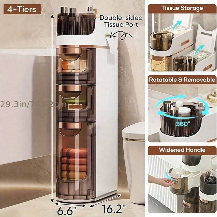 [Ultra-Slim Shower Storage Cabinet] 1pc Ultra-Slim 3/4 Layers Plastic Big Capacity Shower Storage Cabinet - Narrow Corner Pull Out Drawer-Type Bathroom Storage Rack - Toilet Paper Storage Containers - bậc 4 - Xem 1
