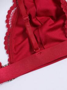 Women's Lace Trim Wireless Front Closure Bra, Floral Pattern Comfortable Lingerie - Red - View 4