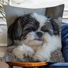 1pc Relaxing Dog Themed Throw Pillow Cover Single-Sided Print, Zipper Closure, Soft Woven Polyester, Black & White Dog Design, Hand Wash Only, Perfect For Living Room Or Bedroom Decor, Cute Pillows