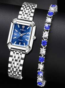 2Pcs Women's Silver Alloy Strap Fashion Casual Simple Bar Scale Blue Dial Quartz Watch Bracelet Set For Daily Wear Or Holiday Gifts