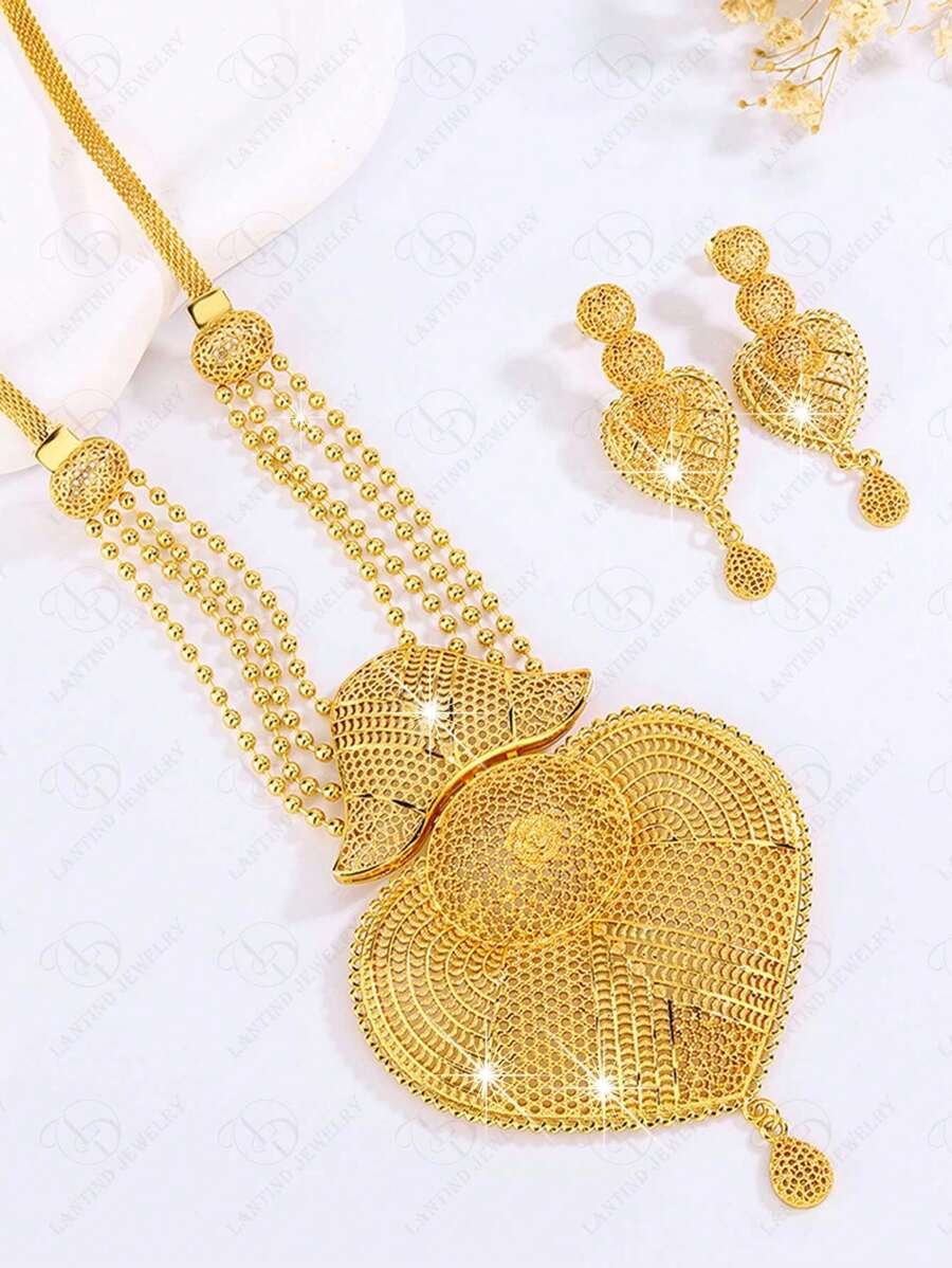 New Fashion Women Sweater Chain Dubai Gold Plated Long Necklace, Hollow Flower Copper Earrings, Gold Bead Chain Jewelry Set For Party Dress