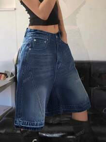 Women's Casual Washed Loose Pocket Rib Detail Mid-Length Denim Shorts