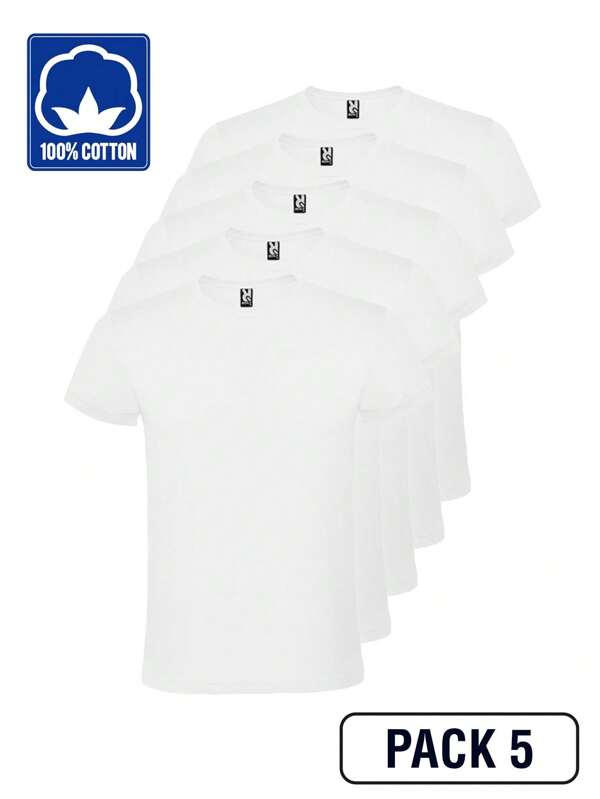 Roly 5er-Pack Atomic Kurzarm-T-Shirts (Lieferung in 48 Stunden) – Verschiedene Größen – Farbe Weiß – 100 % Baumwolle, doppelter Rundhalsausschnitt, verstärkte Nähte, Schlauchgewebe, Basic-T-Shirt, Unisex-T-Shirt, preiswertes T-Shirt.