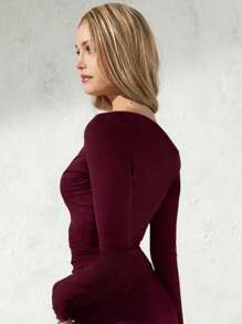 Women Y2k Solid Color Long Sleeve T-Shirts Lace Trim Tie-Up V-Neck Shirts Spring Fall Slim Fit Casual Tops Basic Tee Going Out Outfit Streetwear - 酒紅色 - 查看 7