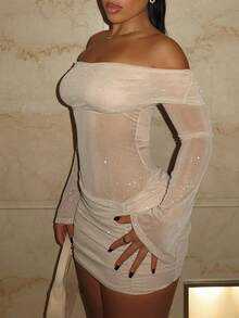 Vestido de fiesta elegante de manga larga con hombros descubiertos, de malla y lentejuelas transparente, ajustado y corto para club y fiesta - Albaricoque - Ver 2