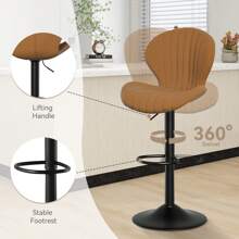 Nalupatio Bar Stools Set Of 2 ,Breakfast Bar Stools ,Backrest Kitchen Barstools ,Wooden Bar Chair Fabrics ,Modern Adjustable Swivel - 棕色 - 查看 3