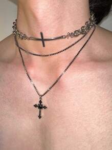 2 件/套耶稣升天日多层链条项链套装，银色金属材质镶嵌黑色锆石，男女皆宜的哥特式风格，适合派对和日常佩戴 - 銀色 - 查看 2
