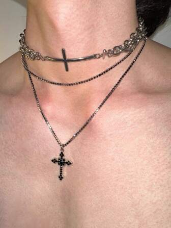 1 件复古做旧皮革多层十字架吊坠项链，哥特朋克风格，适合男女、派对和日常佩戴