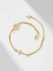 1pc Classic Fashion Micro-Inlaid Cubic Zirconia Copper Chain, Gold Plated, Multi-Layer Floral Embossed Catholic Saint Benedict & Jesus Cross Charm Bracelet, Suitable Gift For Mother/Valentine's Day/Couples/Sisters/Friends/Believers, For Daily Use & Prayers