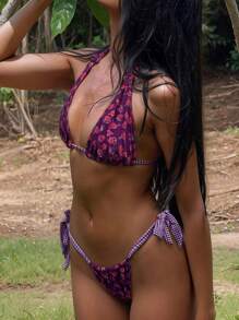 LUCKY HOLIDAY Bộ bikini buộc dây cổ yếm in họa tiết cổ điển, đồ bơi gợi cảm và thời trang dành cho nữ, thích hợp cho kỳ nghỉ hè trên bãi biển. - Màu tím - Xem 1