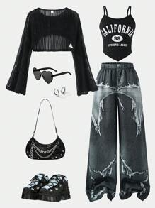 3 件套青少年女孩时尚优雅镂空轻便夹克、印花字母吊带背心、阔腿裤、春夏 - 彩色 - 查看 1