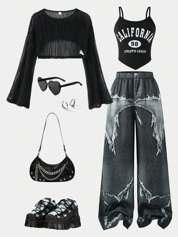 3pcs/Set Teen Girl Fashion Elegant Hollow Out Lightweight Jacket, Printed Letter Camisole, Wide Leg Pants, Spring/Summer