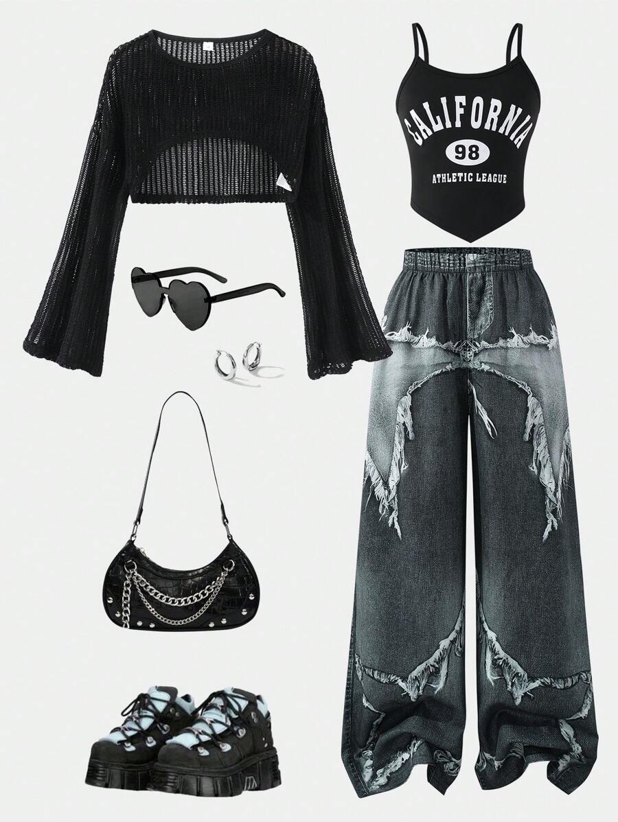 3 件套青少年女孩时尚优雅镂空轻便夹克、印花字母吊带背心、阔腿裤、春夏 - 彩色 - 查看 1