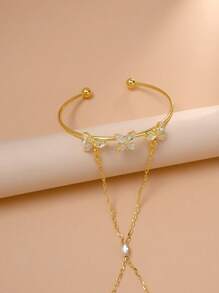 Anillo con brazalete ajustable de circonita cúbica, joyería de boda de lujo hecha a mano para novia - Dorado - Ver 3