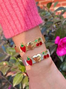 1pc Fashion Elegant Stainless Steel Watch Strap With Cherry, Strawberry, Heart Accessories String Bracelet, Suitable For Women's Daily And Party Wear