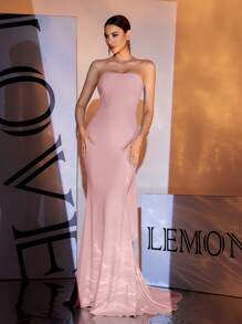 粉色露肩及地蝴蝶结礼服，派对礼服，长袍，适合晚会、婚礼宾客 - 粉色 - 查看 1