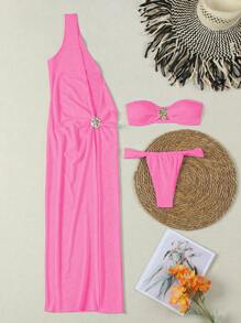 3pcs/Set Elegant Solid Color Bikini Swimsuit & Dress Set, Sexy European Style