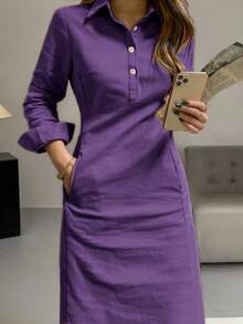 春秋新款时尚优雅翻领纽扣长袖女式阿拉伯连衣裙