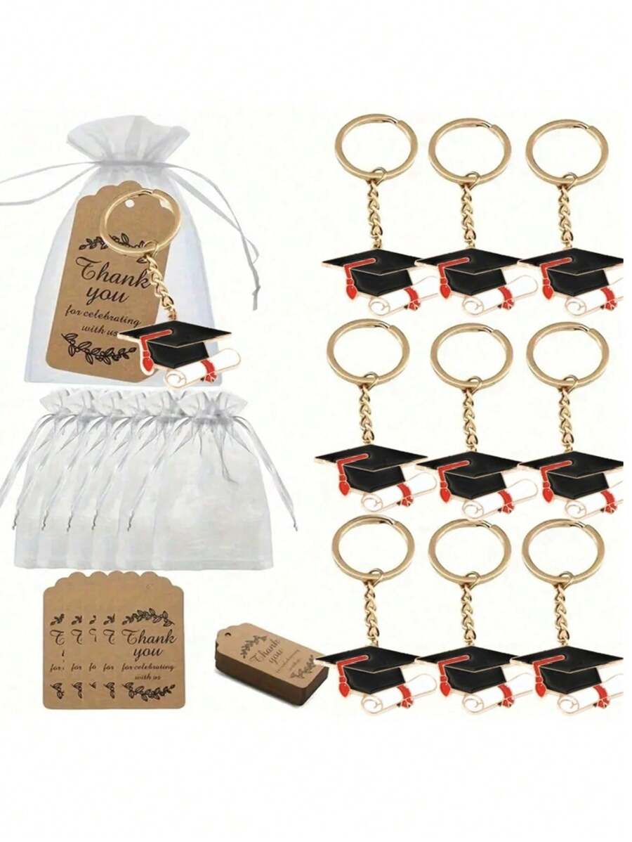 9/15 件毕业钥匙扣礼物，毕业纪念礼物（附感谢卡、金属励志钥匙扣和欧根纱袋）、汽车吊坠、包袋装饰链，适合派对礼物和毕业纪念礼物 - 彩色 - 查看 1